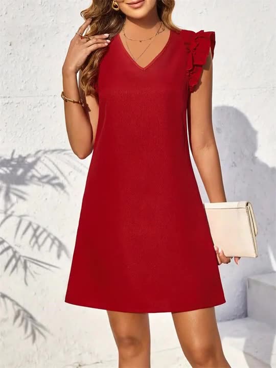 Solid Ruffle Hem Short Dress - Red