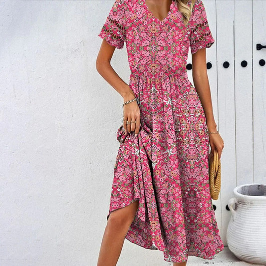 Sweet Floral Print Short Sleeve Midi Dress