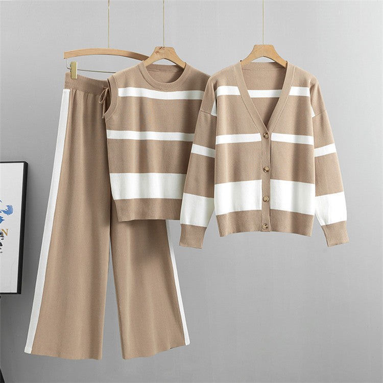 Khaki – Sporty Striped Loose Three Piece Set.