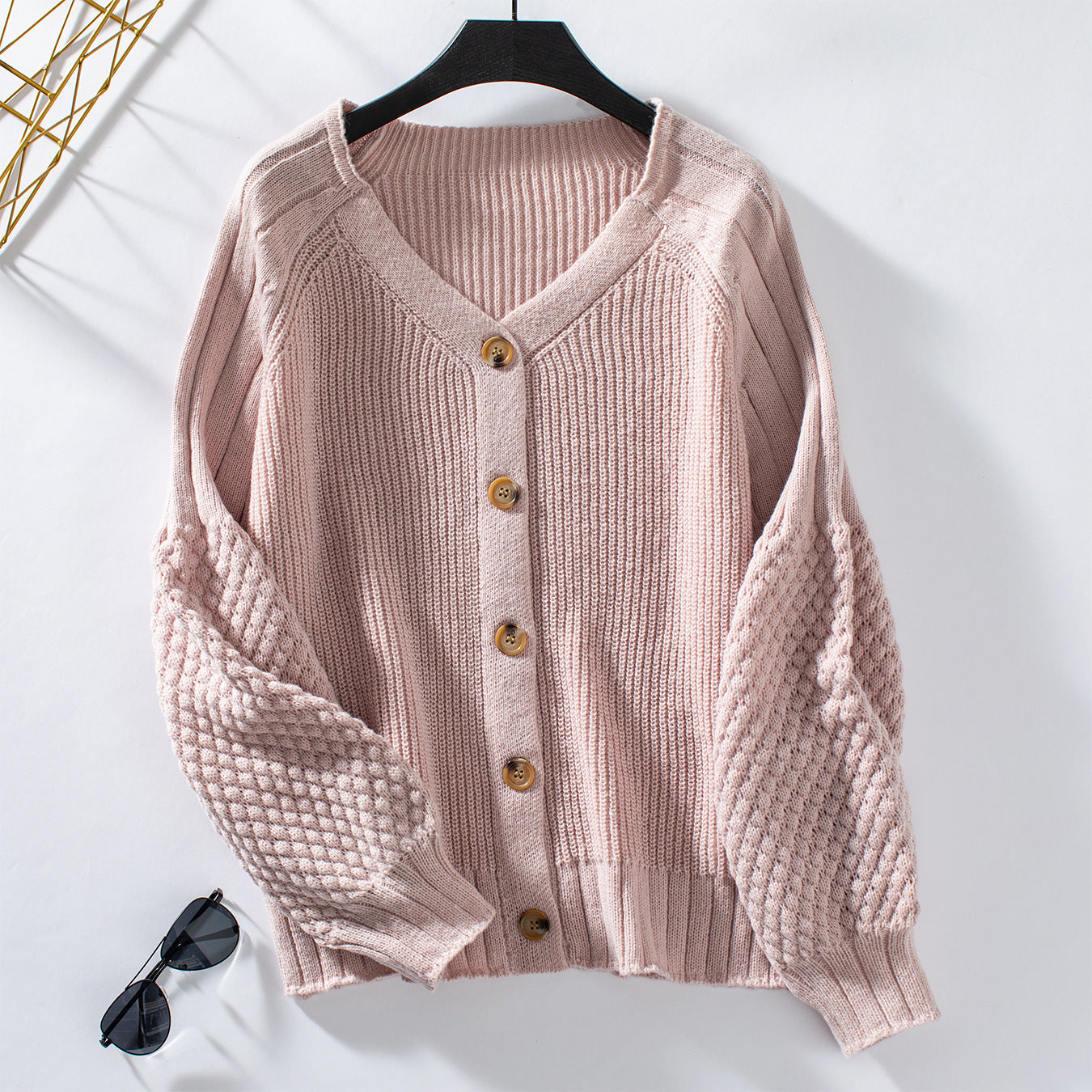 Buttoned Knitted Casual Cardigan - Pink