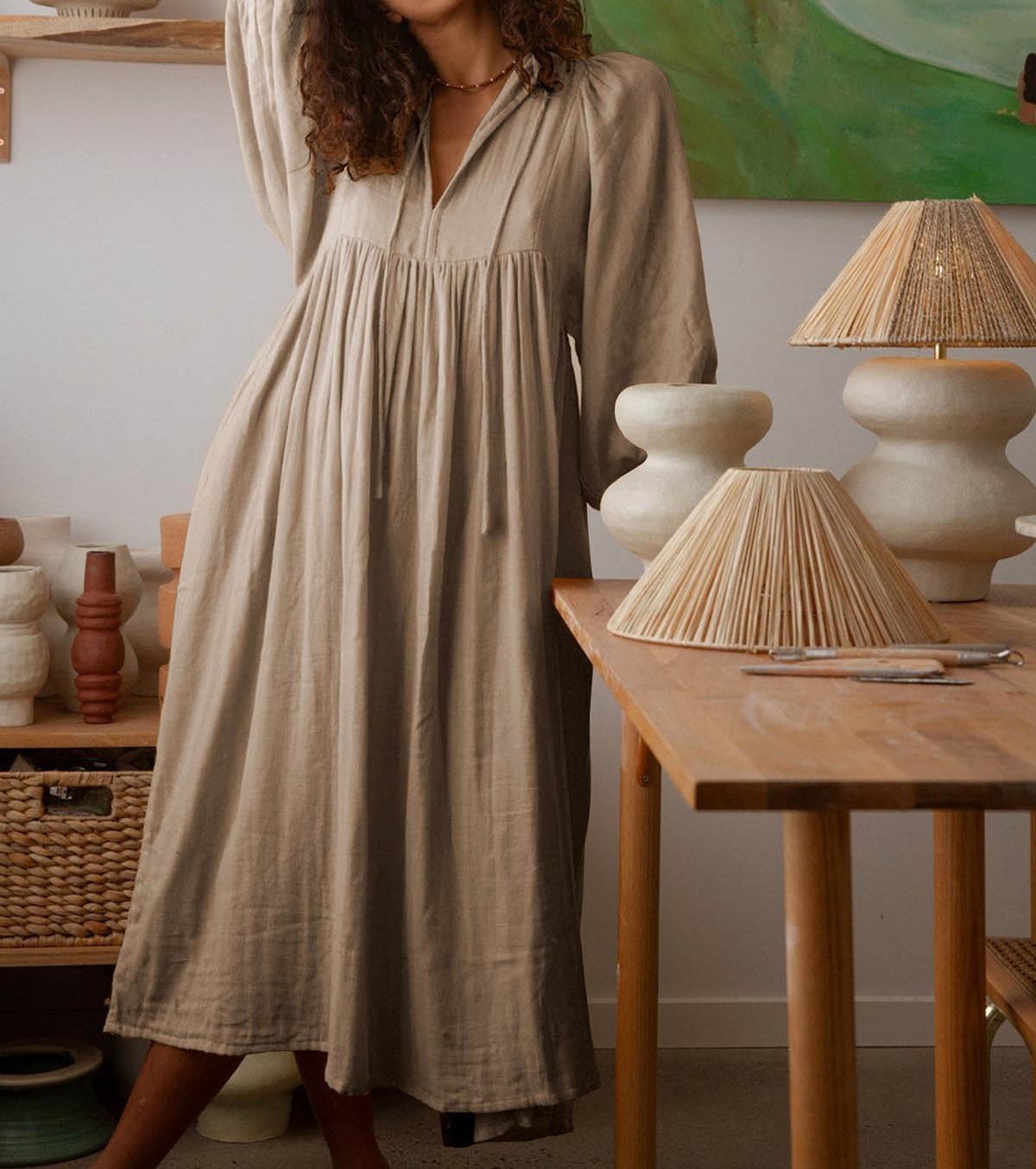 Soft Beige Grace Lantern Sleeve Dress