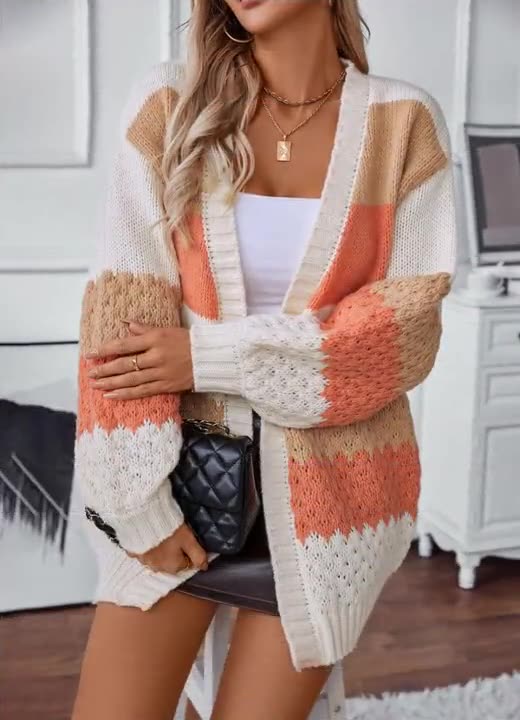 Contrast Color Casual Loose Cardigan Sweater - Orange