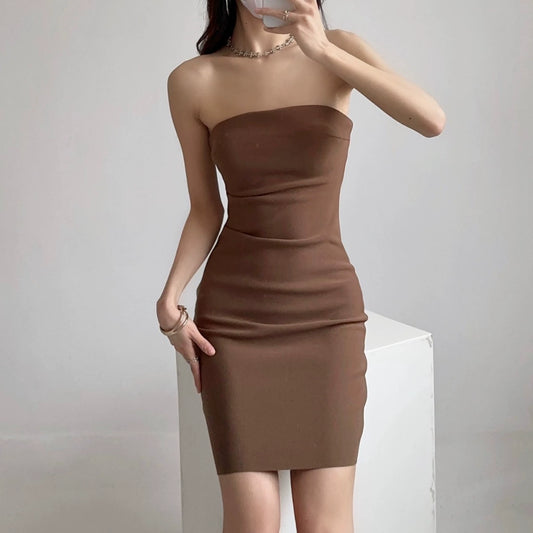 Dark Brown – Sexy Strapless Slit Bodycon Dress