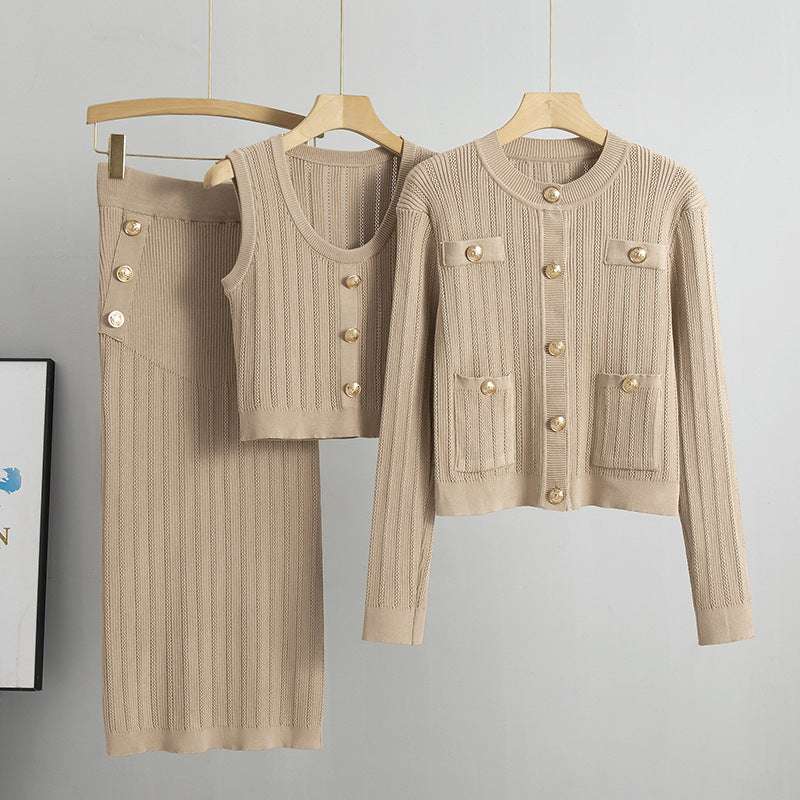 Khaki – Cardigan Sweater Vest Three Piece Set.