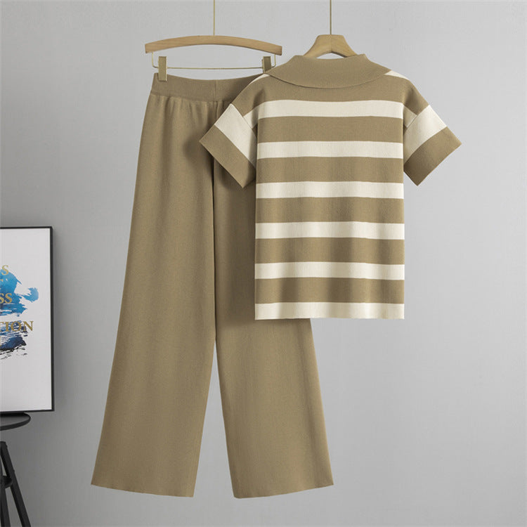 Khaki – V-Neck Short Sleeve Striped Two Piece Set