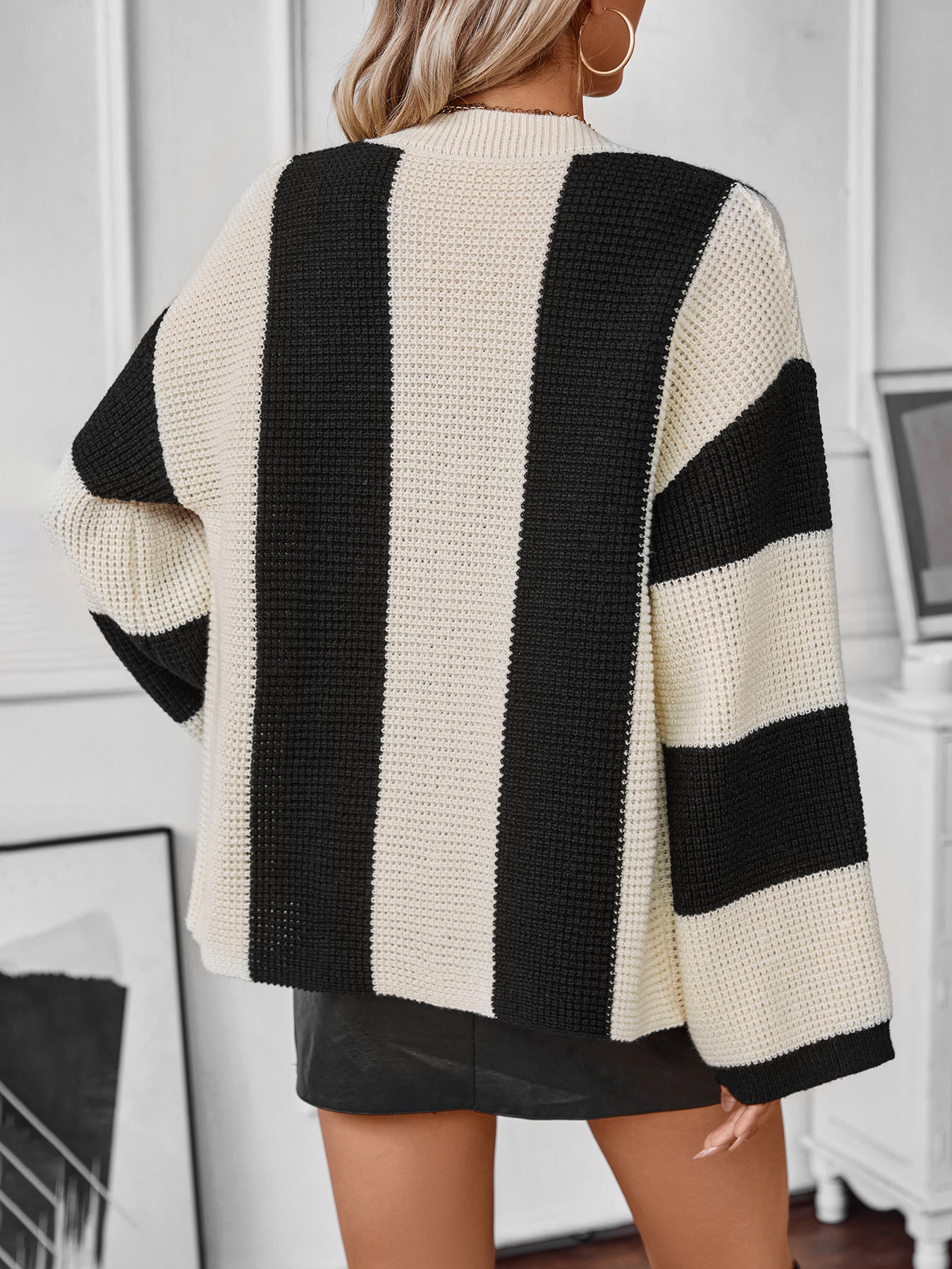 Contrast Stripe Casual Cardigan Sweater - Apricot