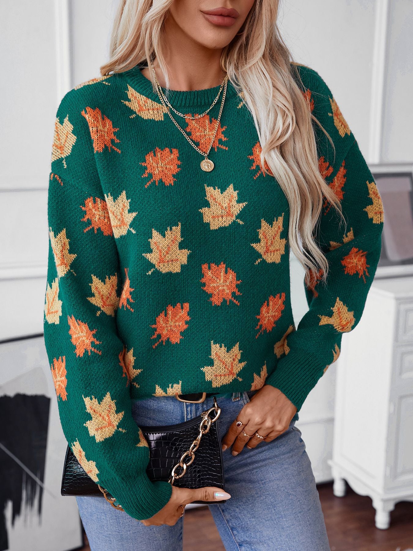 Maple Leaf Pattern Casual Pullover Sweater - Dark Green