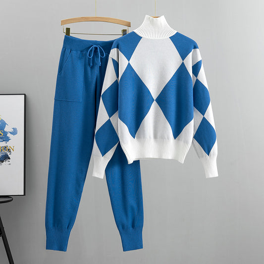 French-Style Knitted Two-Piece Set - Blue