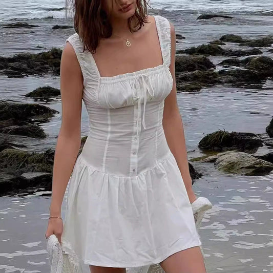 White – High Waist Slim Solid Color Dress