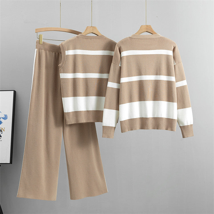 Khaki – Sporty Striped Loose Three Piece Set.
