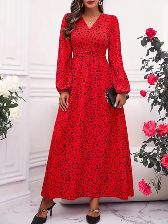 Red V-Neck Polka Dot Pleated Waist Dress