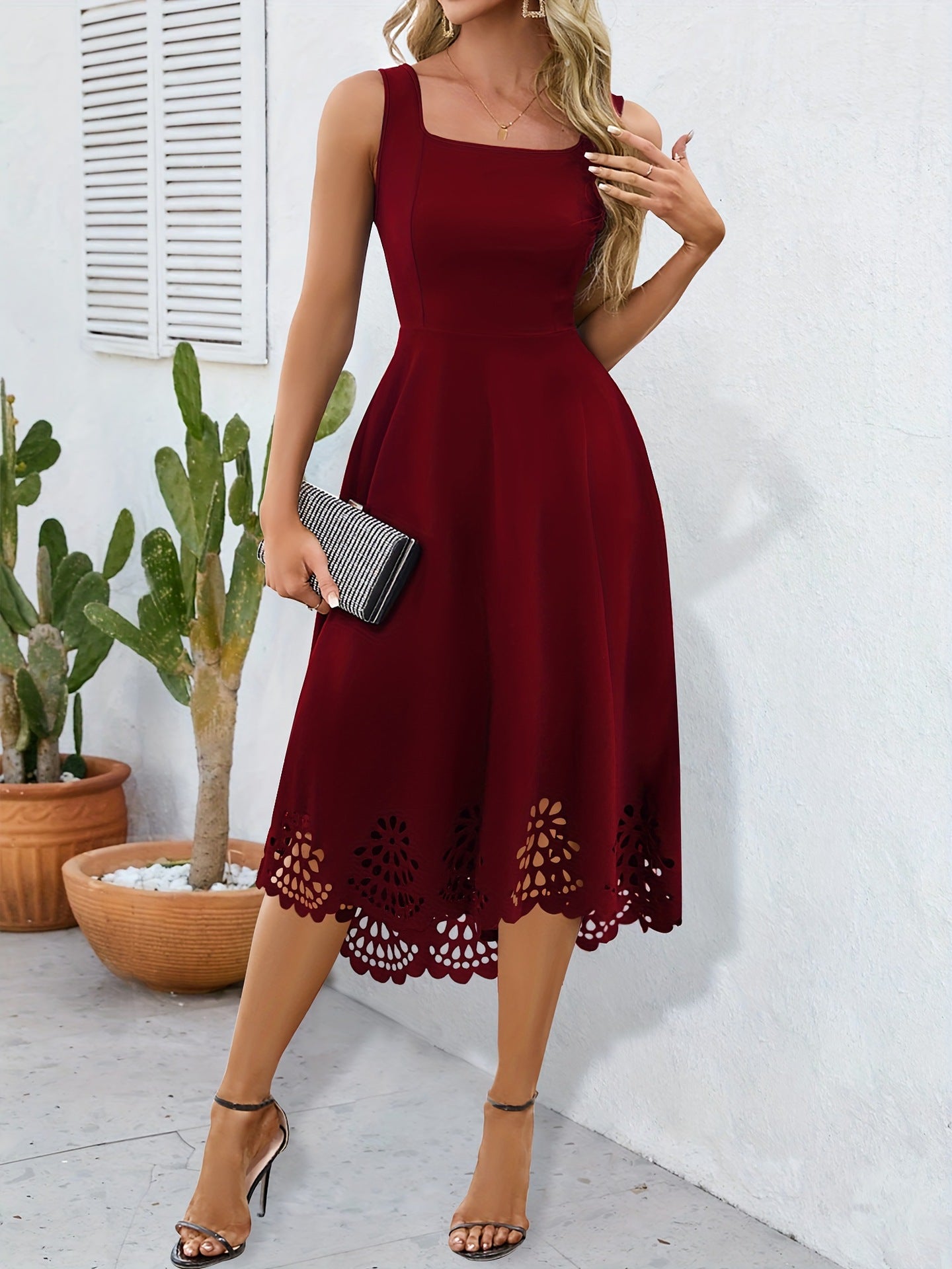 Burnout Hollow Sleeveless Dress - Wine Red