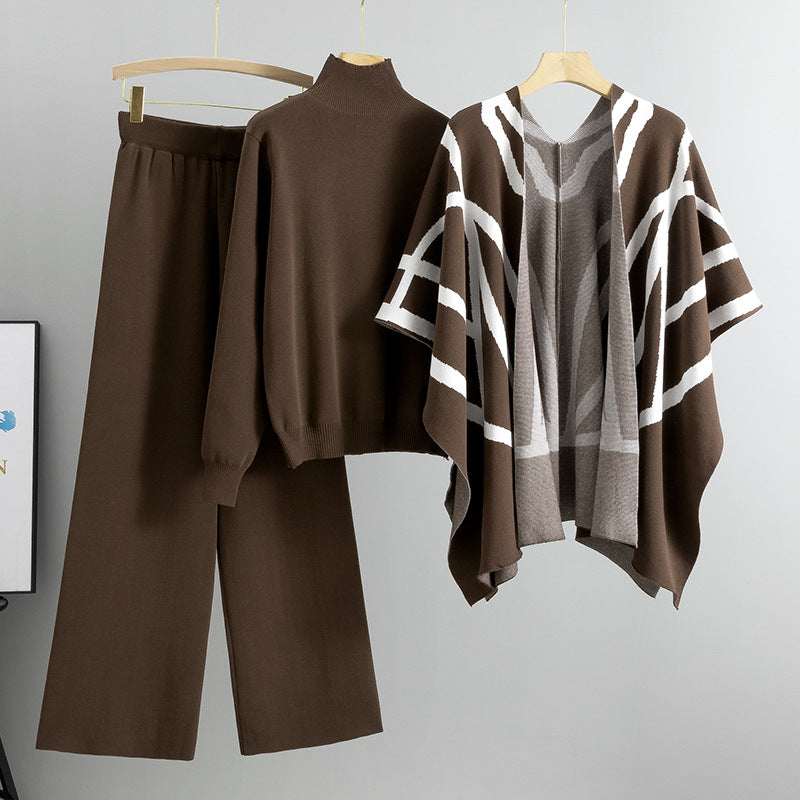 Coffee – Knit Sweater Shawl Three Piece Set.