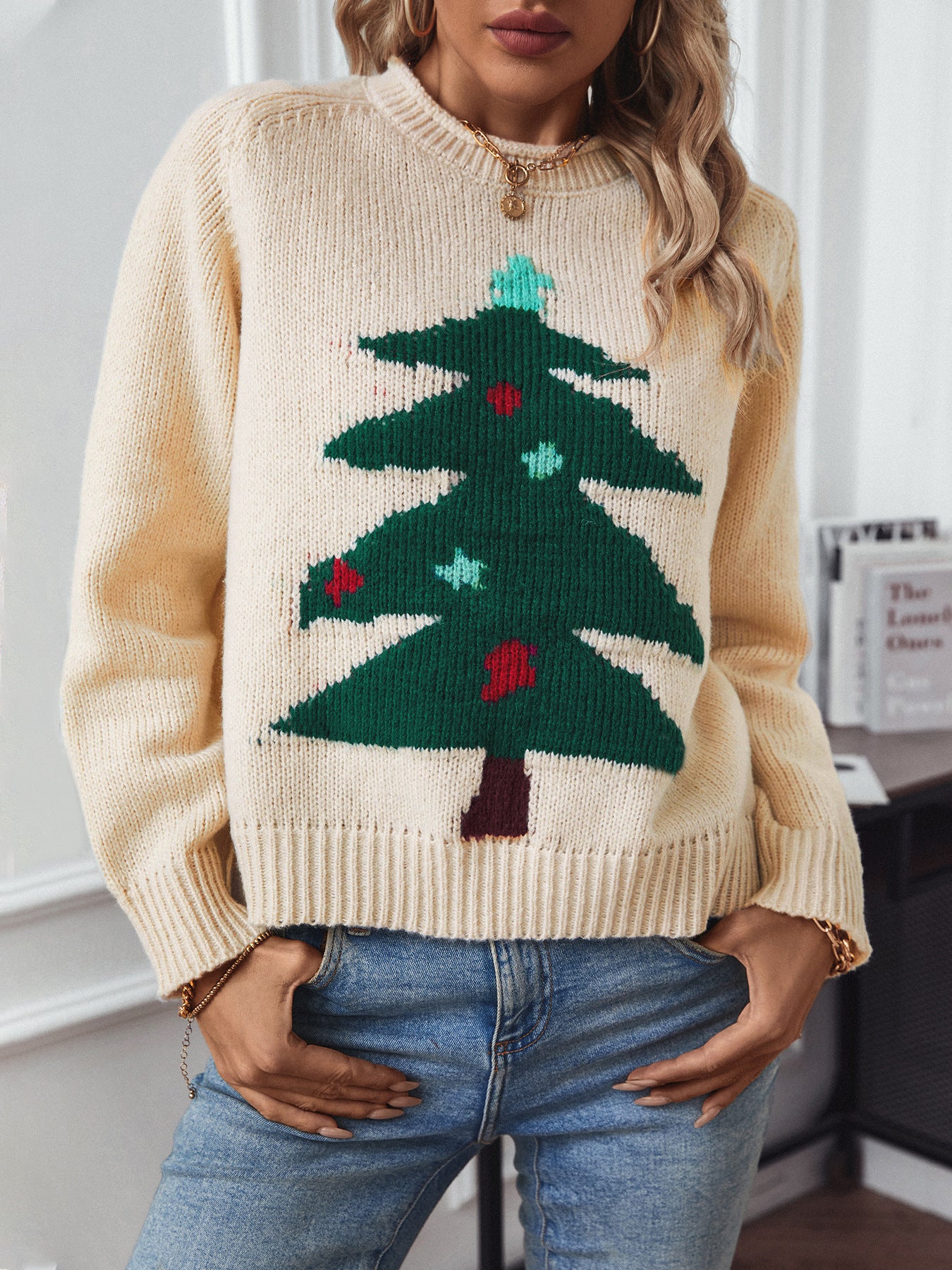 Christmas Tree Pullover Loose Sweater - Beige