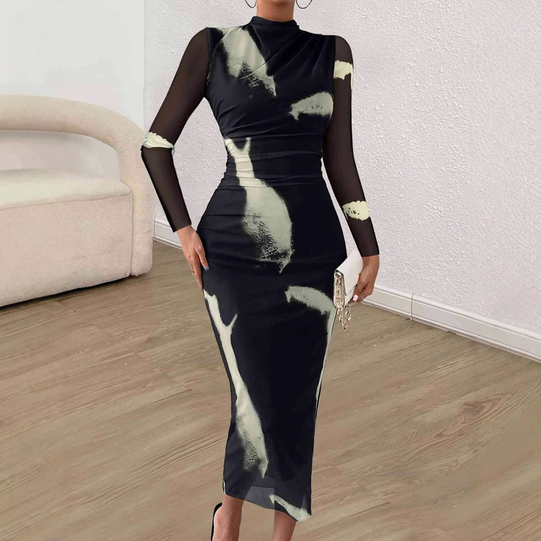 Black Mesh Printed Tie-Dye Bodycon Dress