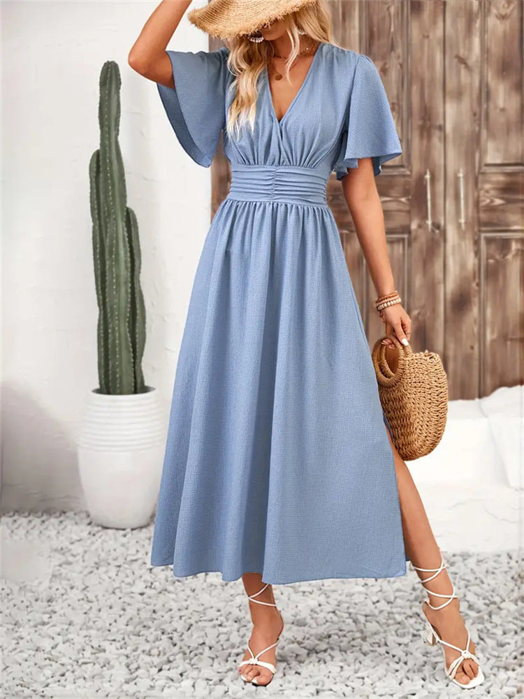 Light Blue Elastic Waist Split Dress