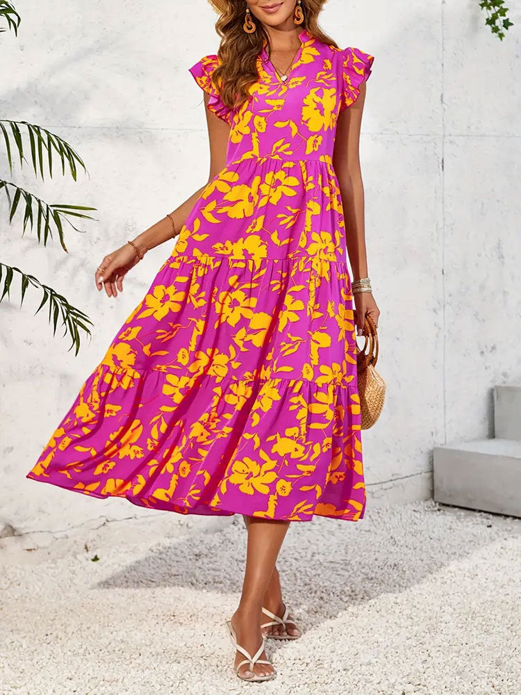 Ruffled Floral Print Dress - Yellow