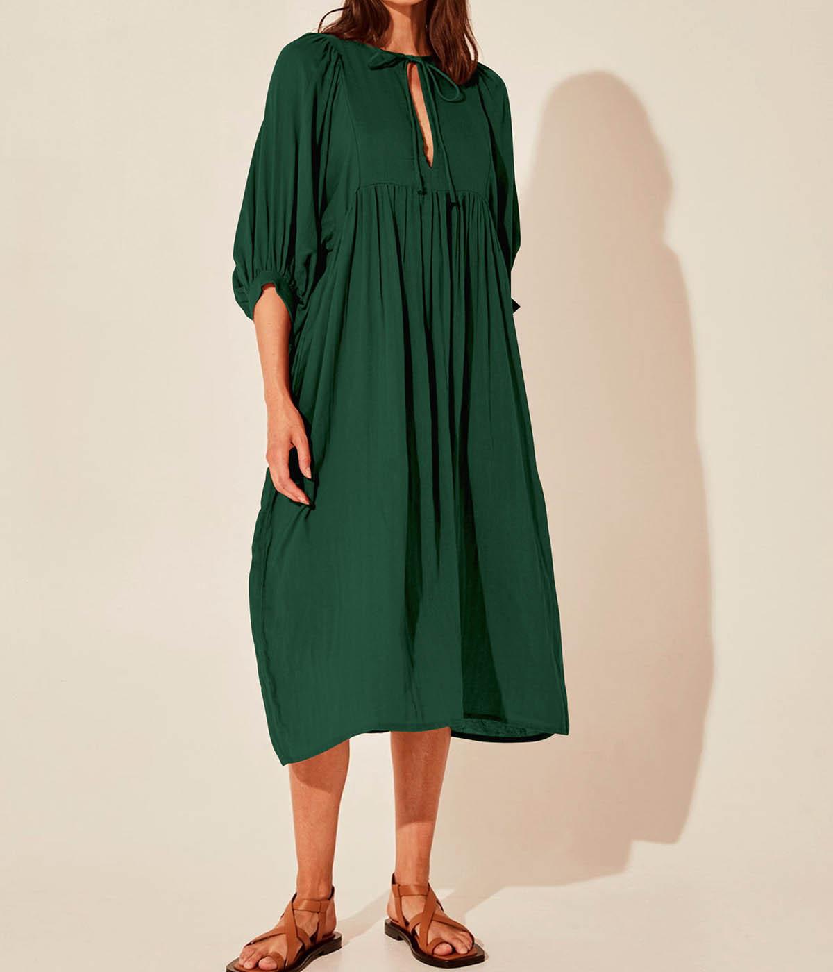 Emerald Elegance Lantern Sleeve Dress