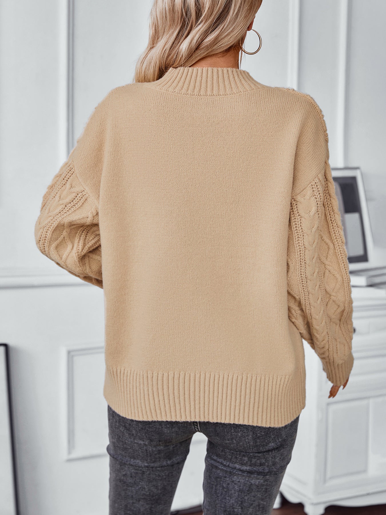 Cable Knit Vintage Loose Pullover Sweater - Khaki