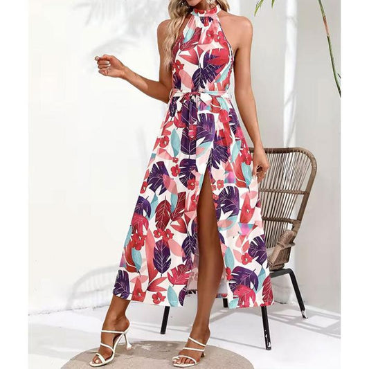 Floral Halterneck Slit Maxi Dress