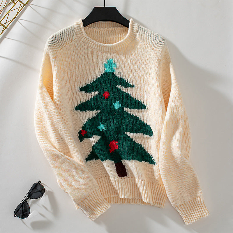 Christmas Tree Pullover Loose Sweater - Beige