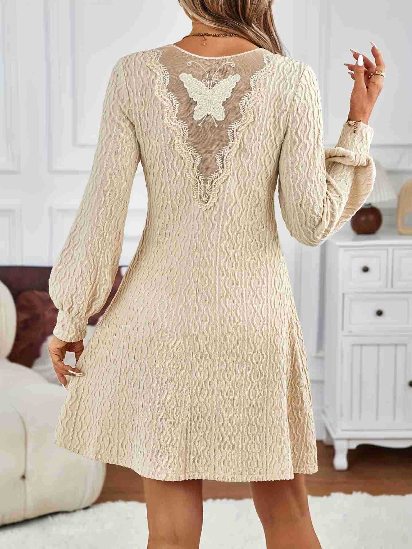 Peach V-Neck Lace Balloon Sleeve A-Line Dress