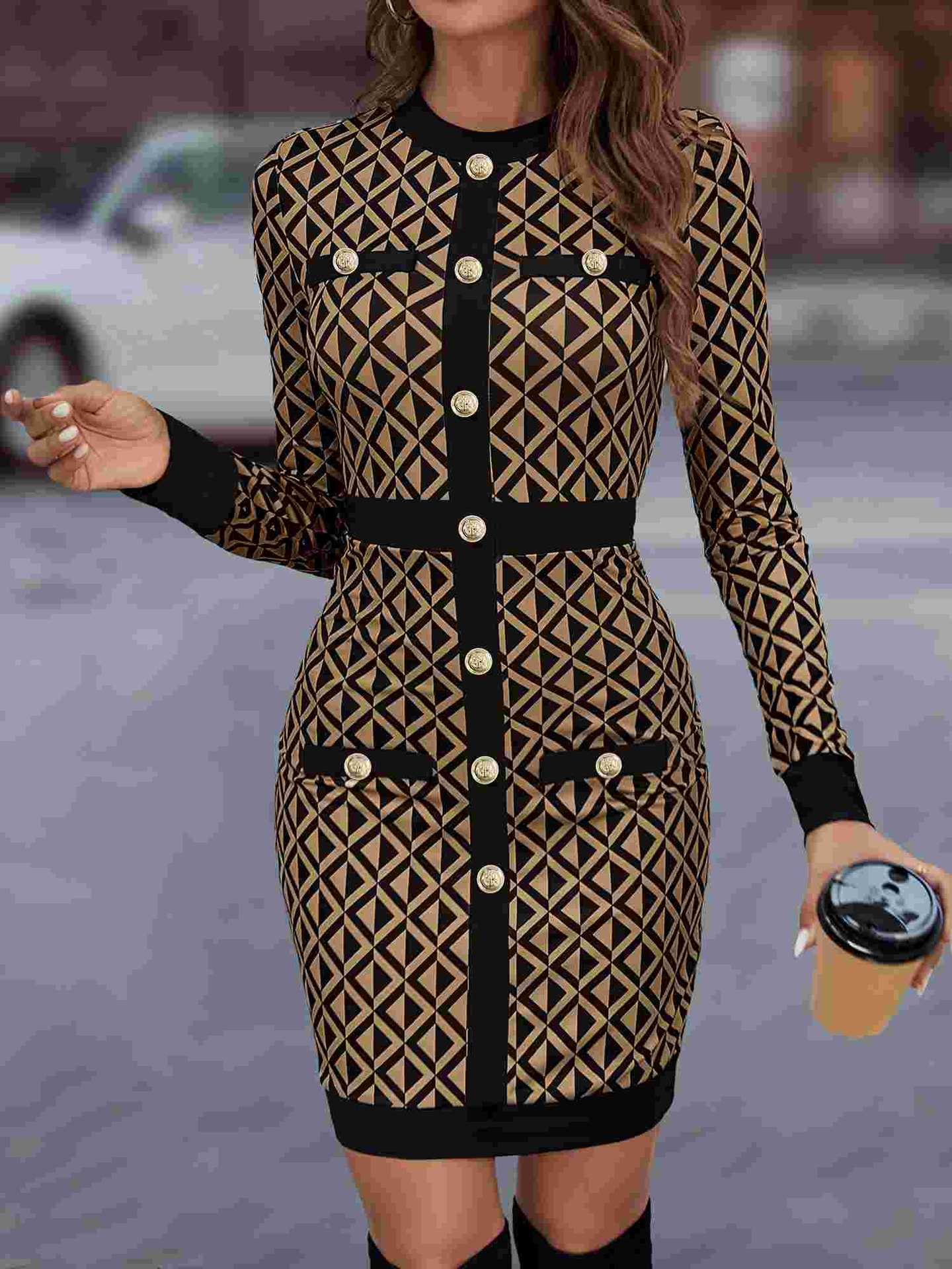 Coffee Retro Color-Blocked Bodycon Dress