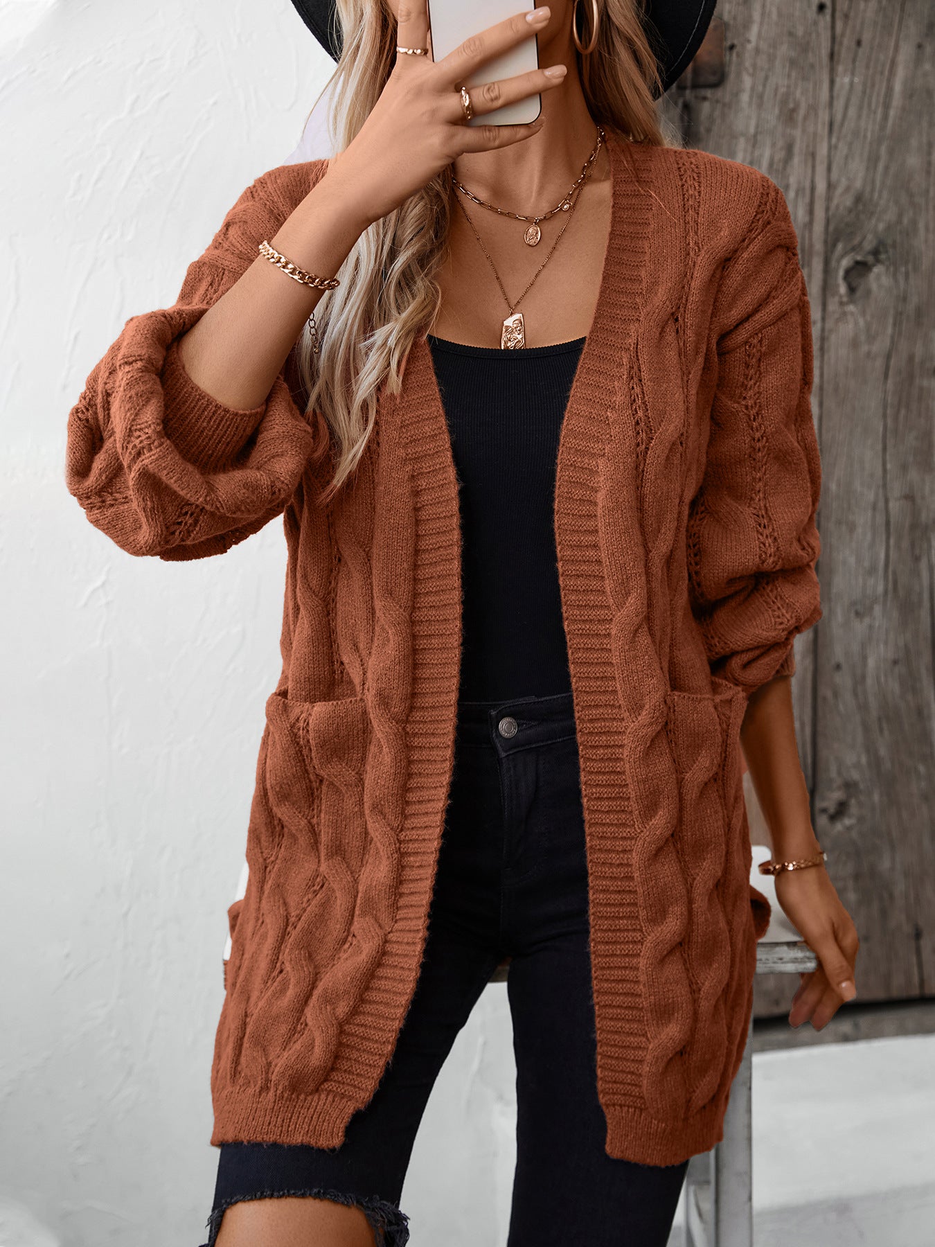 Retro Loose Mid-Length Cardigan Sweater - Rust Red