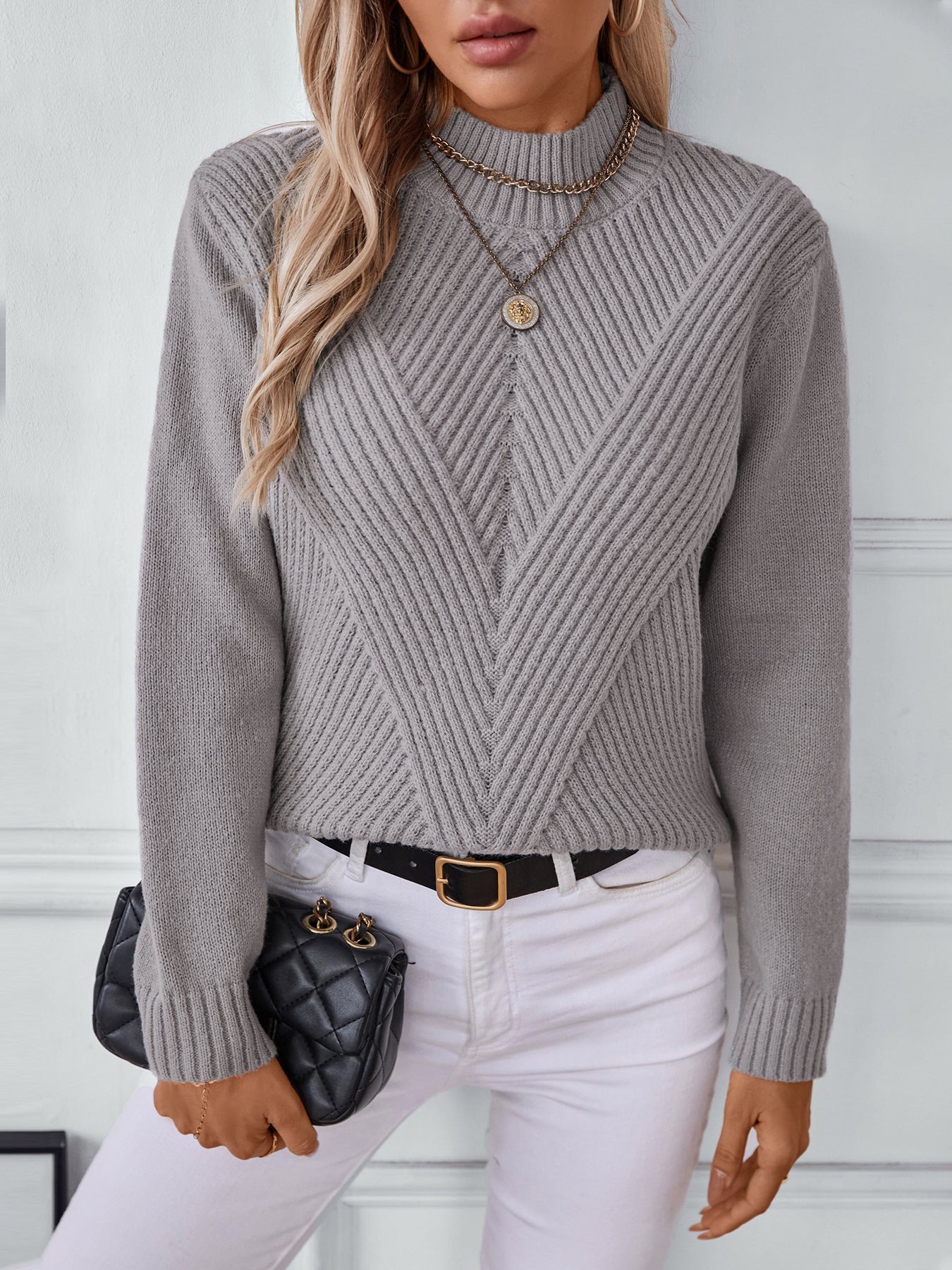 Half-High Neck Pullover Sweater - Gray