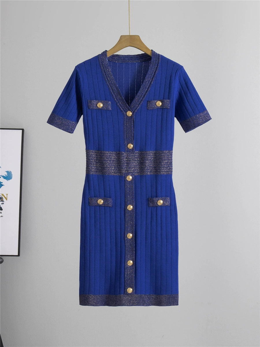 Blue – Short-Sleeve Ice Silk Knit Dress