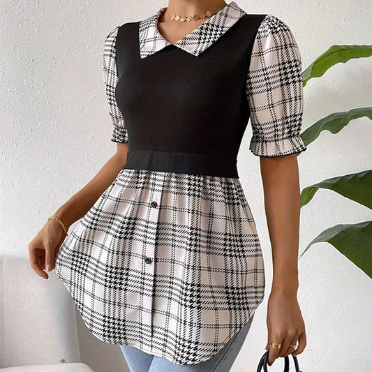 Short-Sleeve Plaid Panel Dress - Black & White