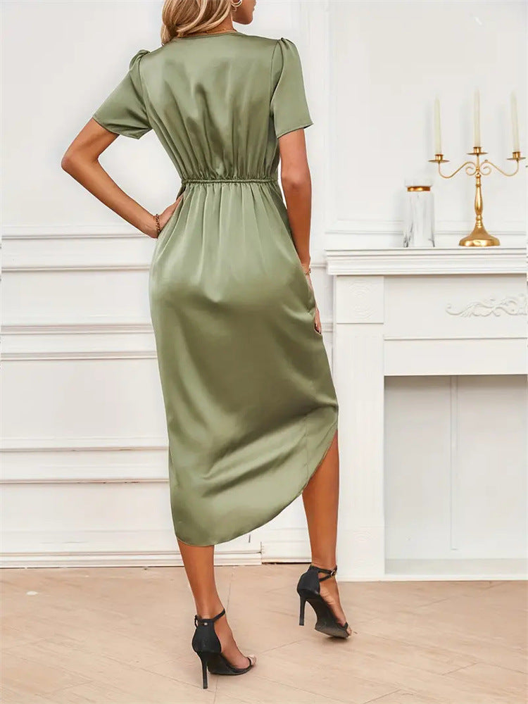 Green Satin Wrap Midi Dress