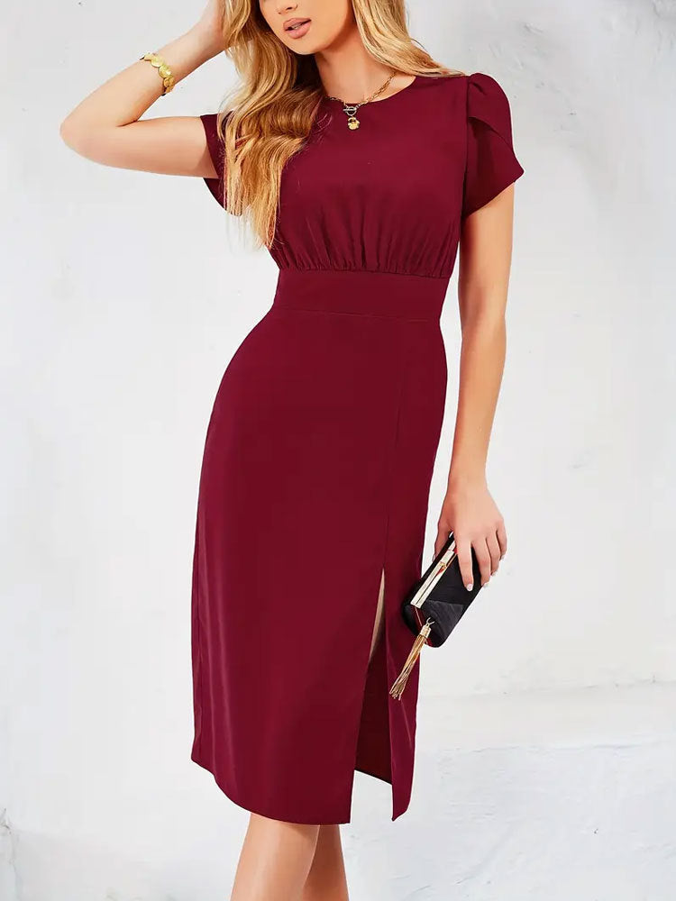 Elastic Waist Slit Pleated Dress in Wine Red