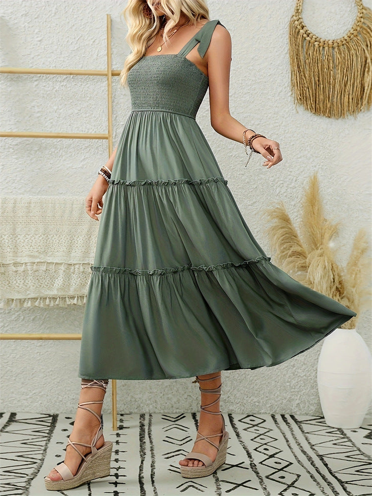 Patchwork Strapless Spaghetti Strap Dress - Army Green