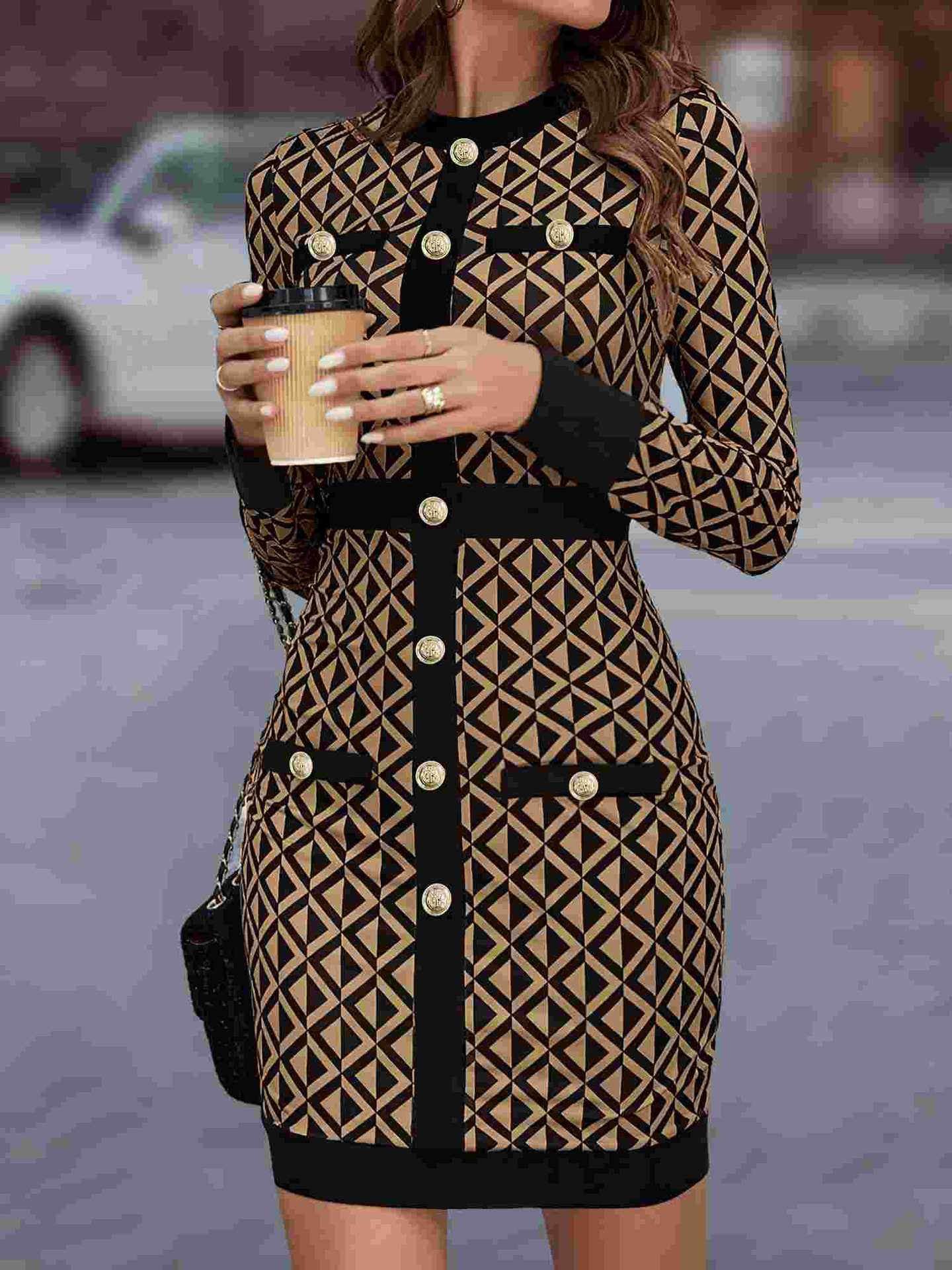 Coffee Retro Color-Blocked Bodycon Dress