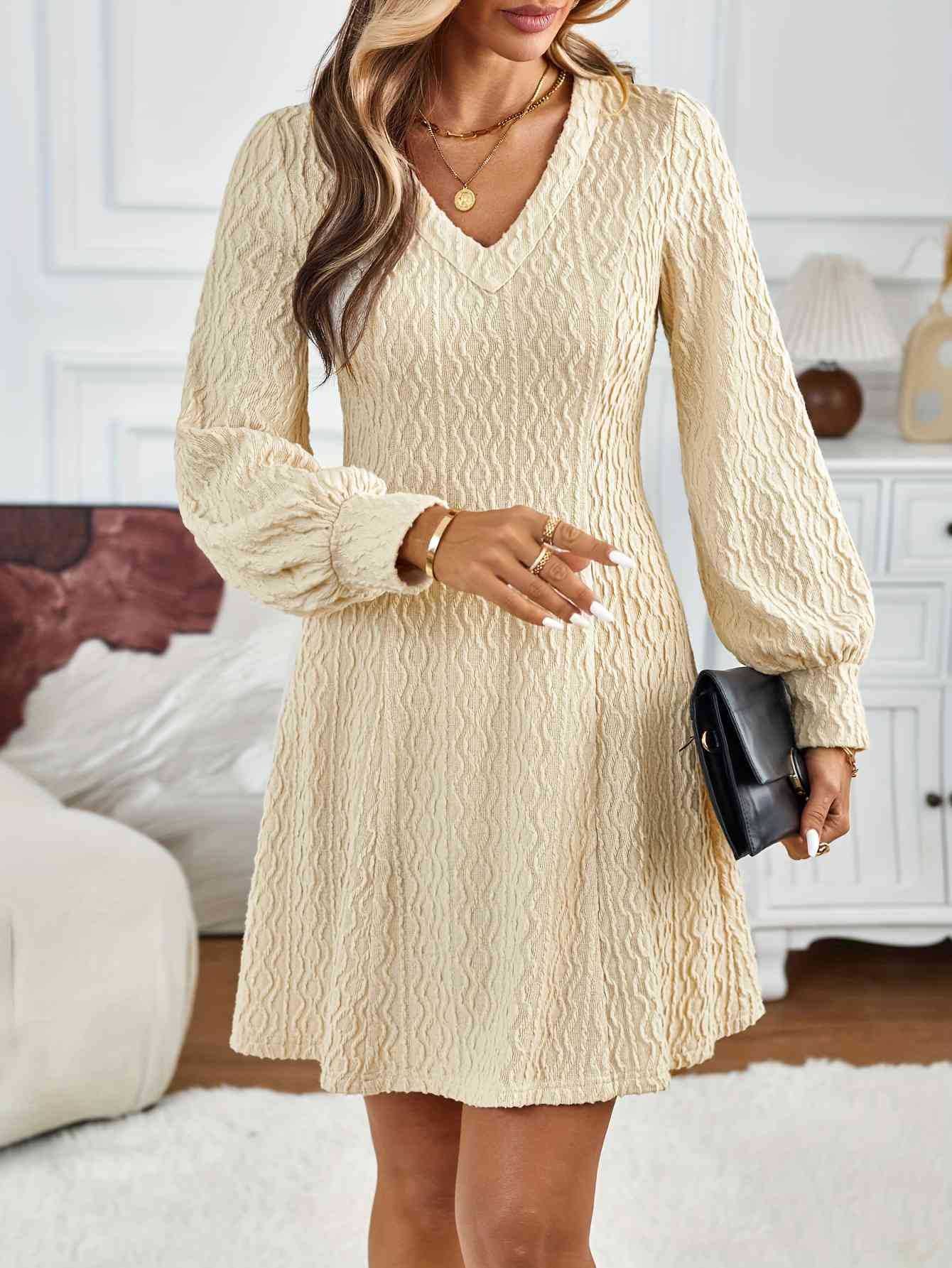 Peach V-Neck Lace Balloon Sleeve A-Line Dress