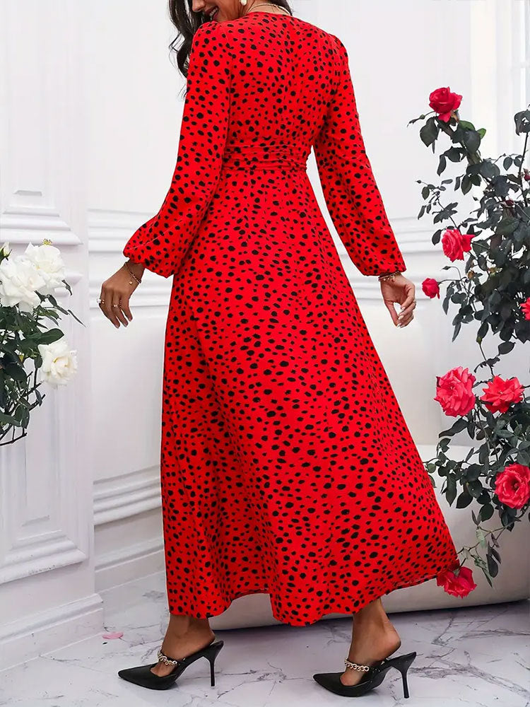 Red V-Neck Polka Dot Pleated Waist Dress