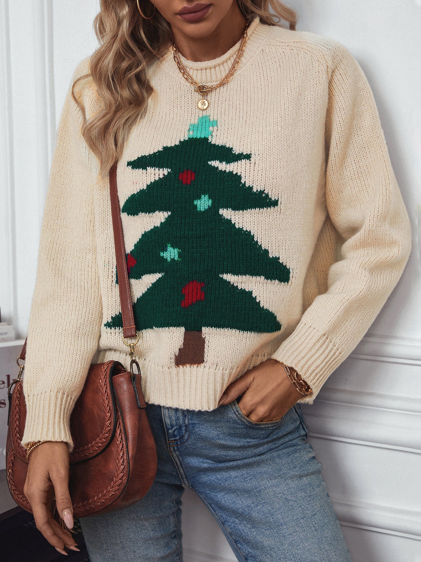 Christmas Tree Pullover Loose Sweater - Beige