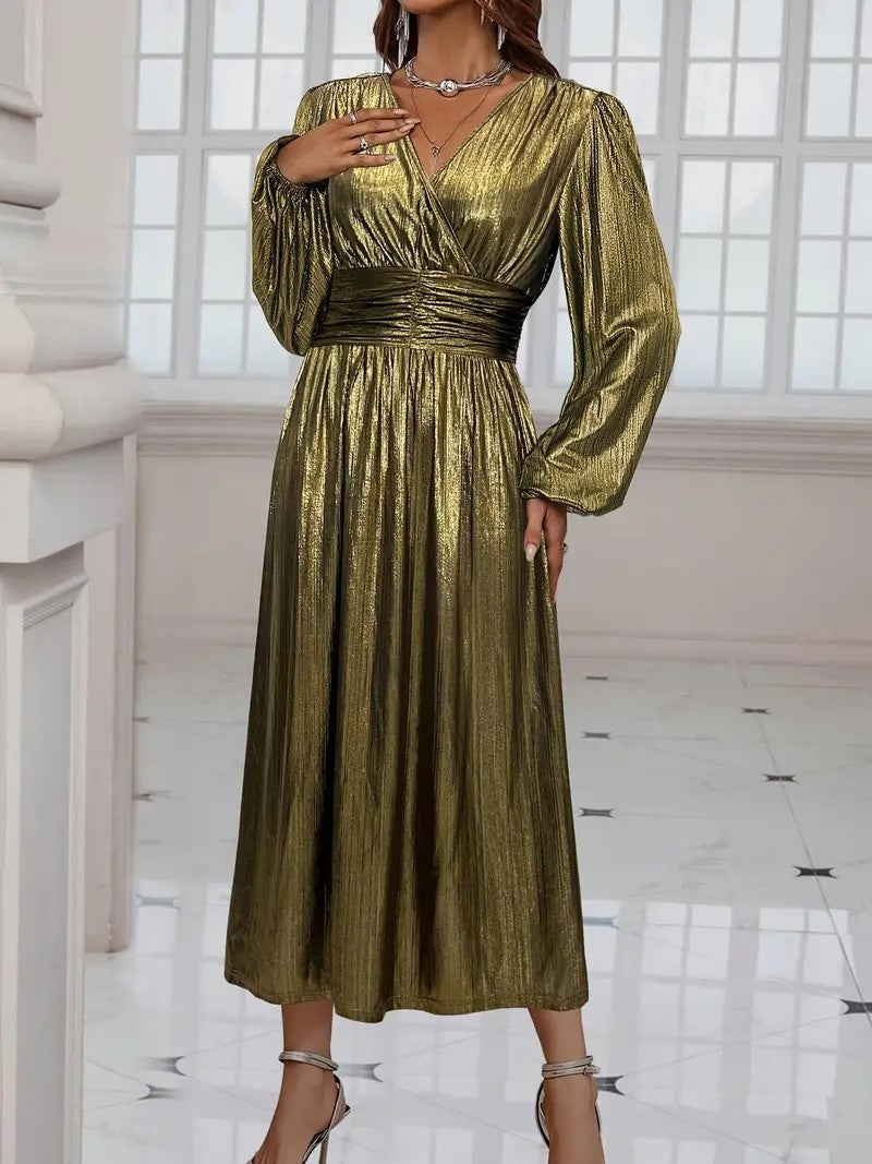 Gold Cross-Over Neck Lantern Sleeve Ruched Maxi Dress