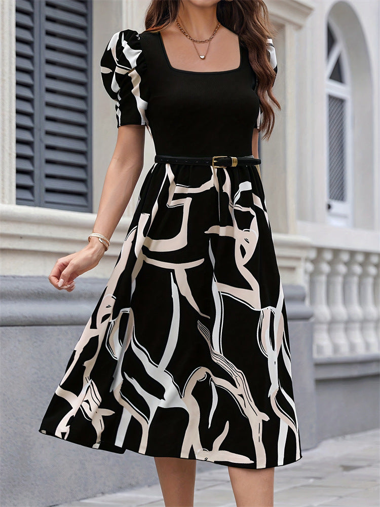 Black Printed Puff Sleeve Dress