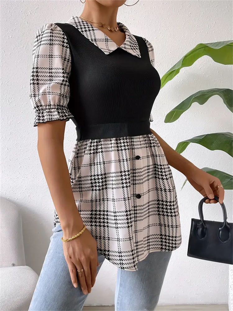 Short-Sleeve Plaid Panel Dress - Black & White