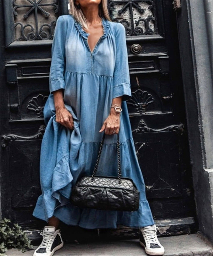 Blue Denim Plain 3/4 Sleeve Maxi Dress