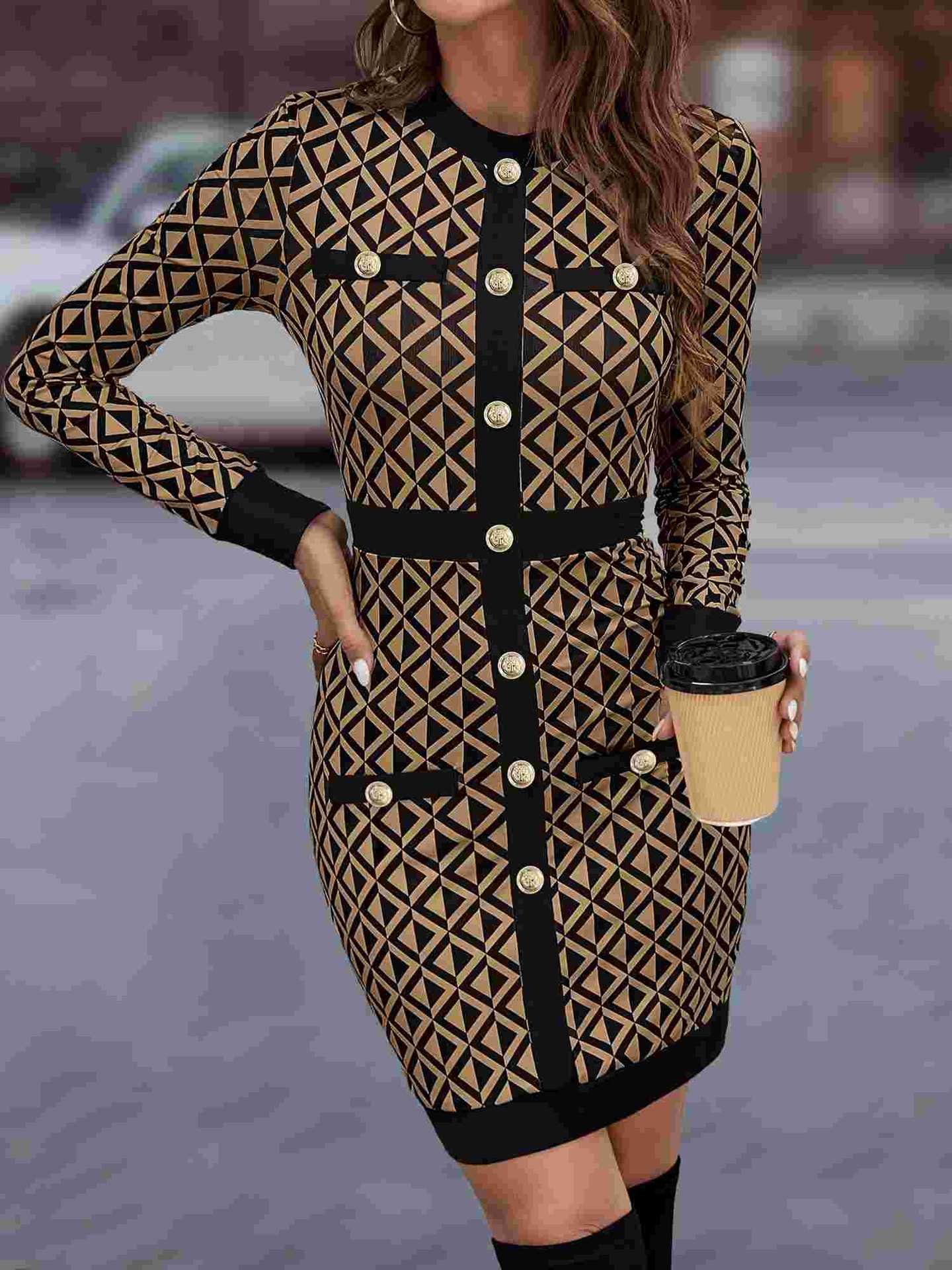 Coffee Retro Color-Blocked Bodycon Dress