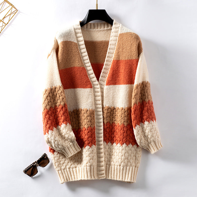 Contrast Color Casual Loose Cardigan Sweater - Orange