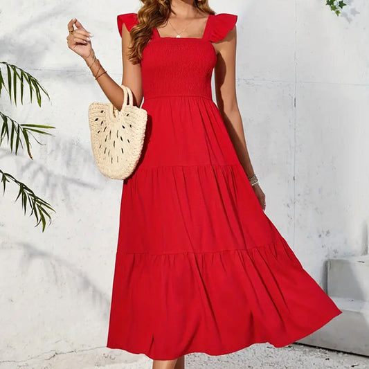 Red Spaghetti Strap Tiered Dress