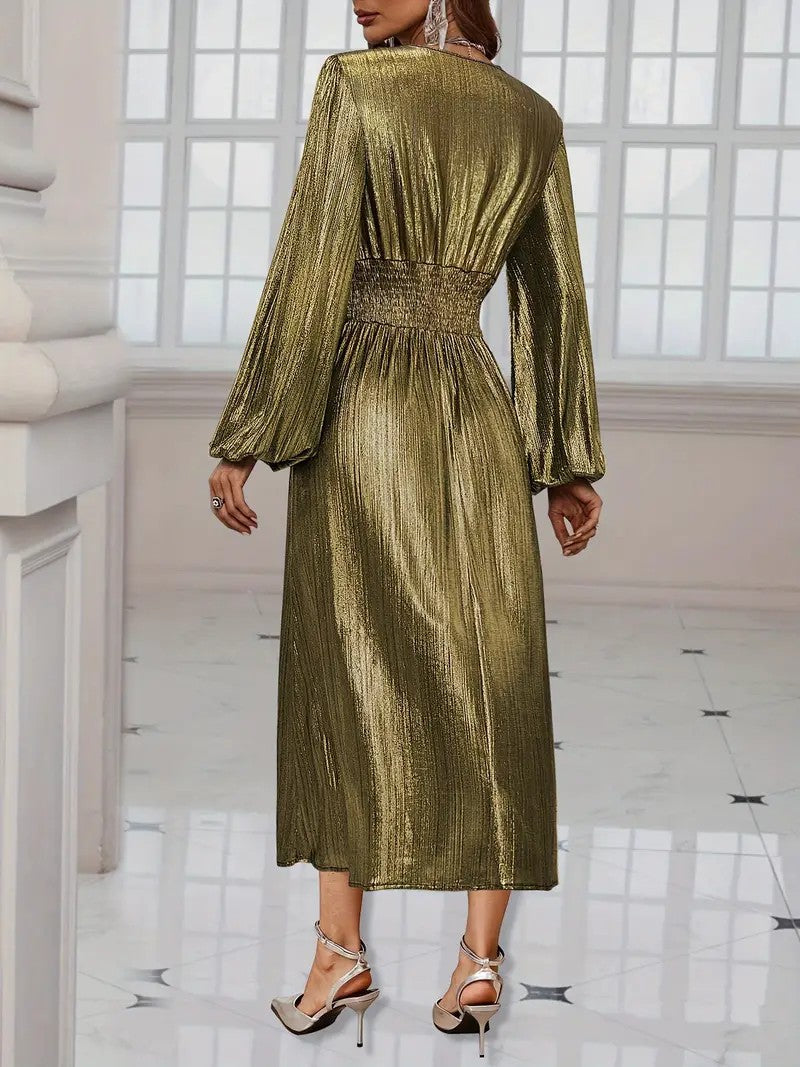 Gold Cross-Over Neck Lantern Sleeve Ruched Maxi Dress