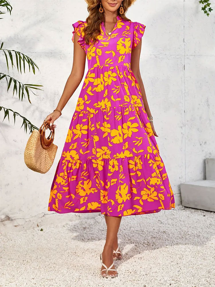 Ruffled Floral Print Dress - Yellow