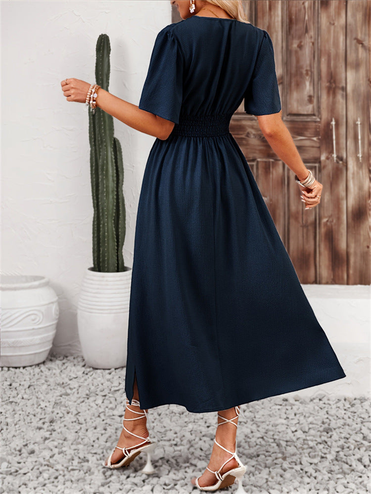 Navy Blue Elastic Waist Split Dress