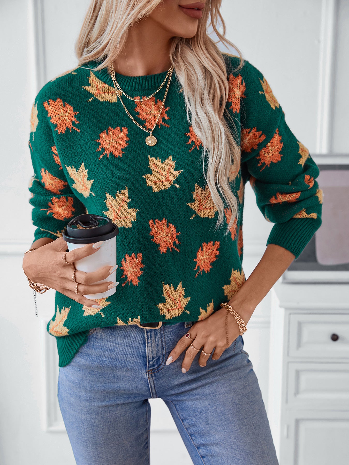 Maple Leaf Pattern Casual Pullover Sweater - Dark Green