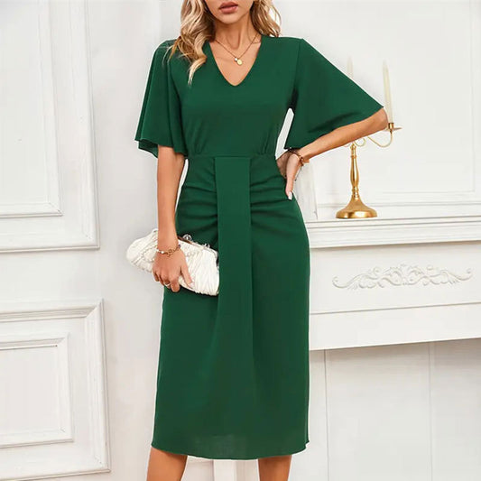 Green Waist-Twist Peplum Sleeve Midi Dress